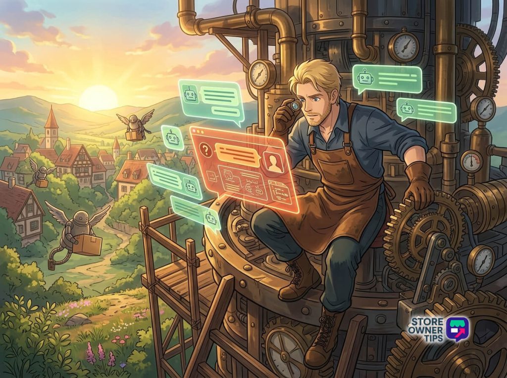 woocommerce-live-chat-filler-1 - Store Owner Tips Steampunk engineer in overalls sits on a gear-filled machine, monitoring glowing holographic screens and chat bubbles against a sunset village backdrop