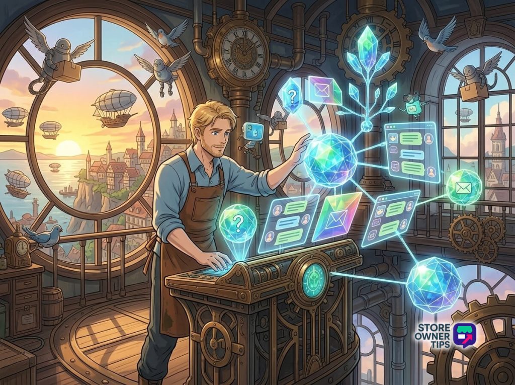woocommerce-live-chat-filler-2 - Store Owner Tips Steampunk inventor at a glowing holographic console, manipulating floating data screens and crystal orbs in a clockwork workshop with a sunset city view.