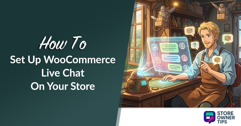 Cartoon store owner at a desk using a glowing live-chat interface on screen; title reads 'How To Set Up WooCommerce Live Chat On Your Store'.