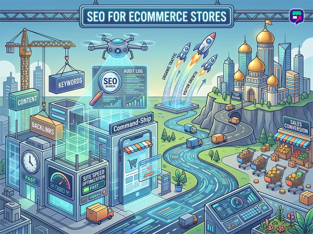 WooCommerce SEO for ecommerce stores: graphic showing optimization tactics leading to higher rankings, traffic, and conversions.