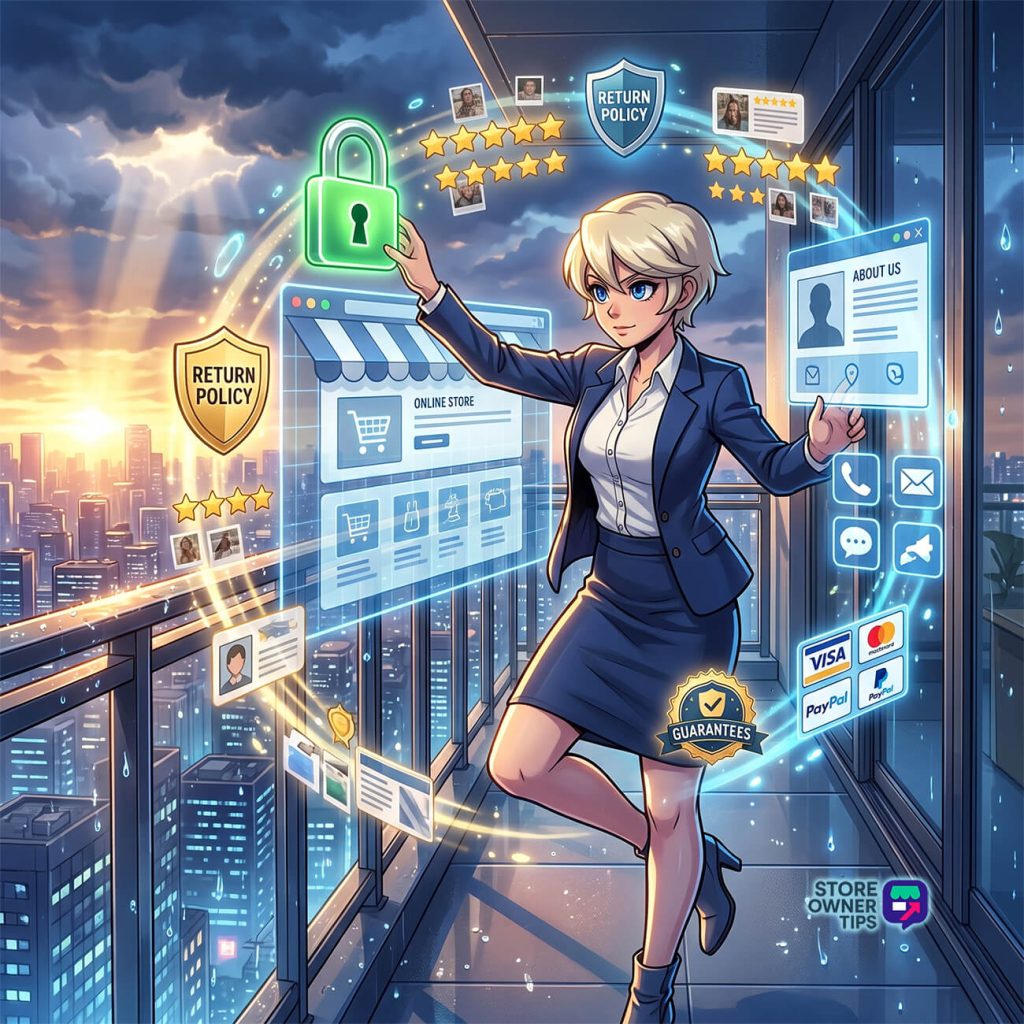 Businesswoman in a suit interacts with floating digital storefronts and security icons, signaling secure online shopping.