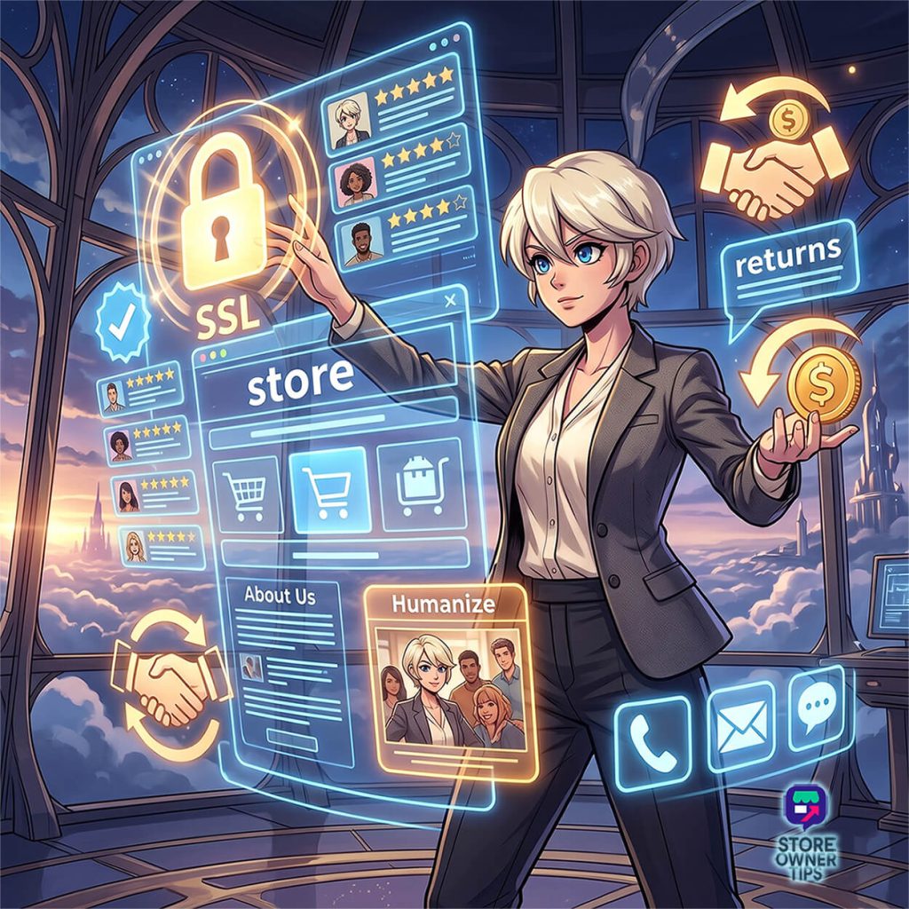 Professional woman in a suit interacts with a glowing holographic storefront interface showing products, ratings, and icons for cart and SSL security.