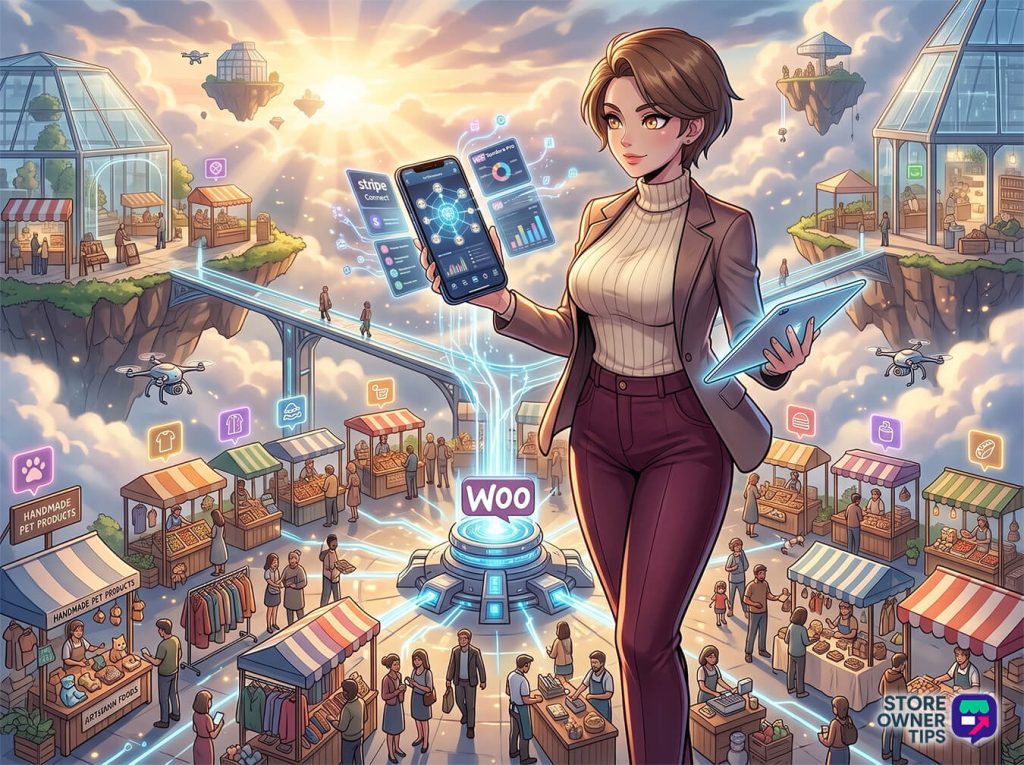Businesswoman in a blazer stands above a busy floating marketplace, holding a phone and tablet with Woo analytics on screen.