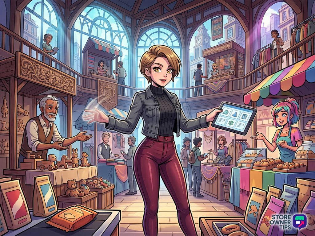 A store owner uses a tablet to manage diverse vendors inside a bustling WooCommerce multivendor marketplace.
