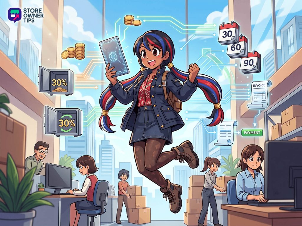 best-woocommerce-b2b-payment-plugins-filler-1 - Store Owner Tips Energetic female store owner floats with a tablet, surrounded by coins, 30% icons, and invoices in a busy office.