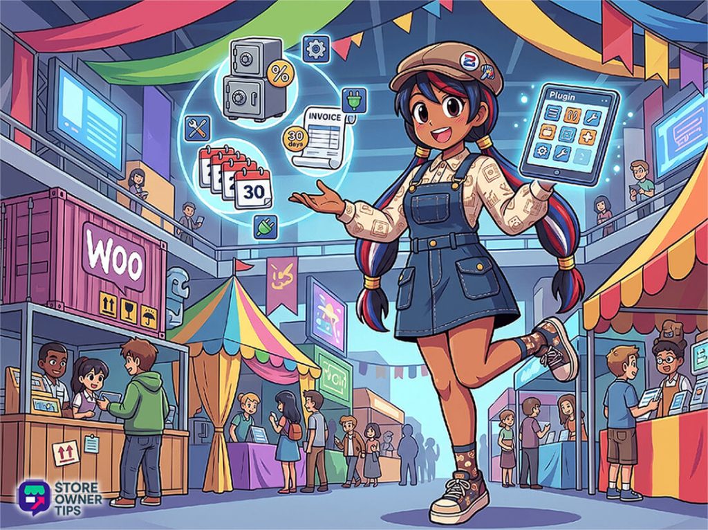 best-woocommerce-b2b-payment-plugins-filler-2g - Store Owner Tips Cartoon girl in overalls juggling floating digital icons (invoices, calendar, plugin) over a busy market fair scene.