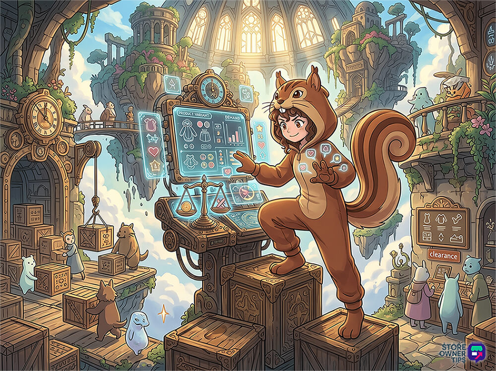 best-woocommerce-back-in-stock-plugins-2 - Store Owner Tips Girl in a squirrel onesie stands on wooden crates reading a glowing panel of product variant and demand charts in a floating market town.