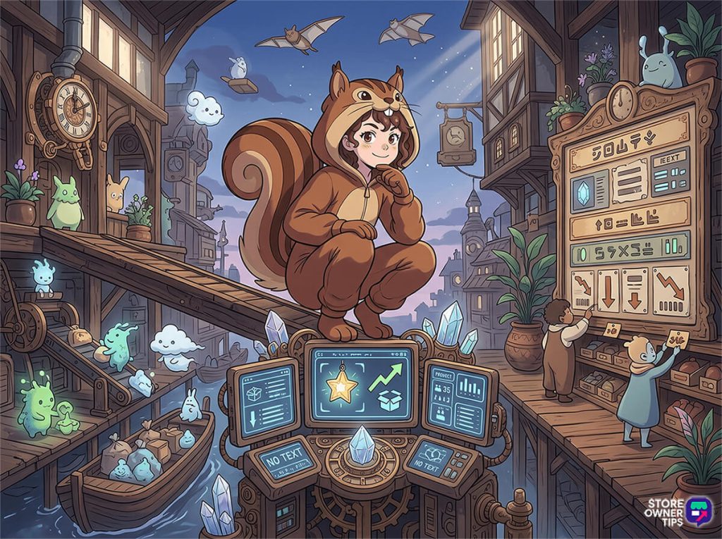 best-woocommerce-back-in-stock-plugins-filler-1 - Store Owner Tips Girl in a squirrel onesie crouches on a gear-filled platform in a whimsical town with market stalls and glowing crystals.