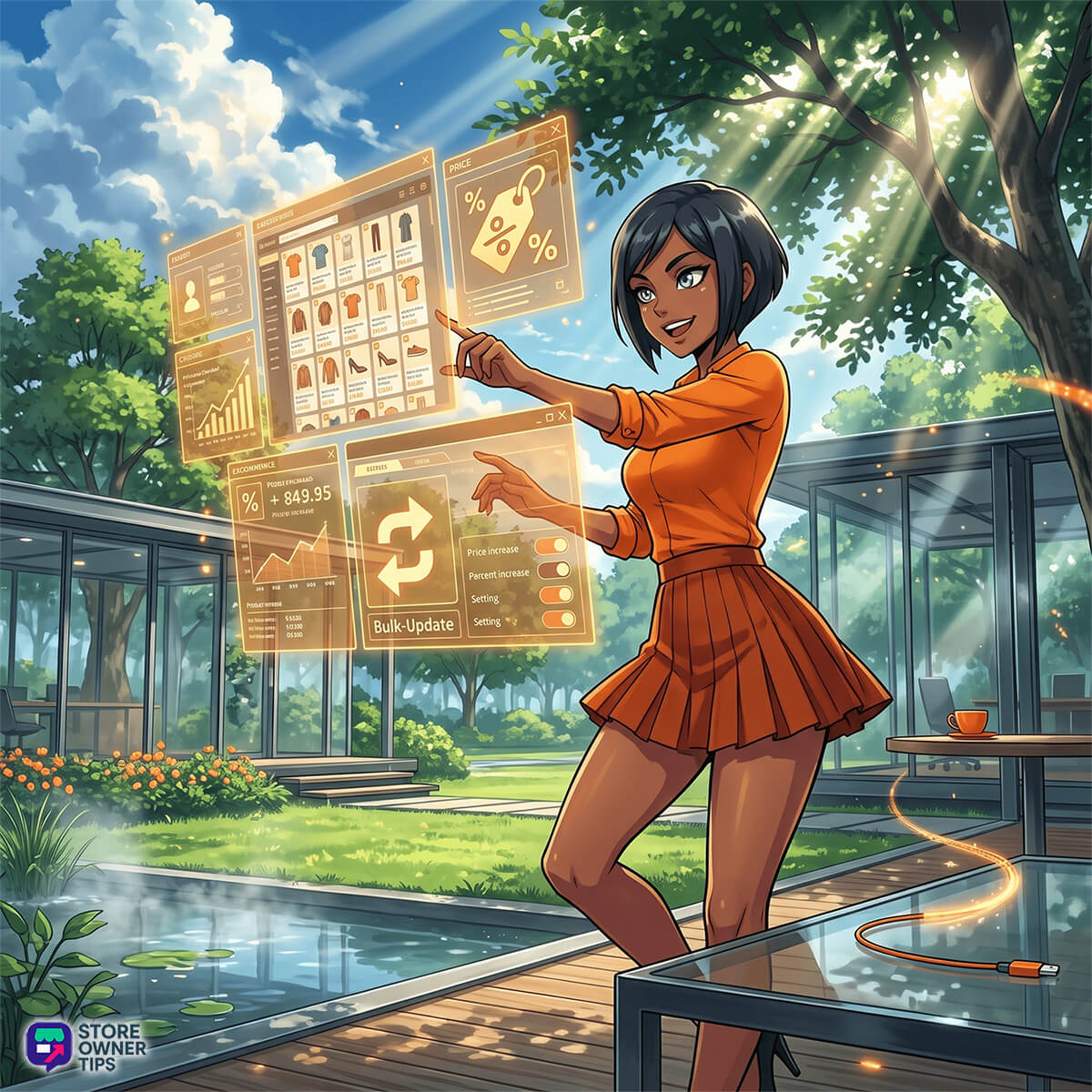 best-woocommerce-bulk-edit-plugins-filler-01 - Store Owner Tips Woman in an orange dress interacts with floating holographic data panels outdoors, displaying charts and product listings.