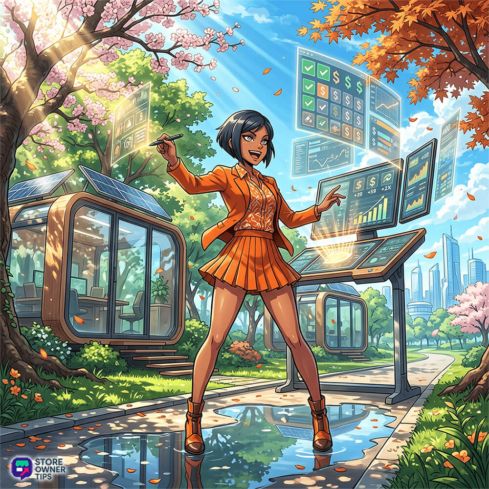 best-woocommerce-bulk-edit-plugins-filler-02 - Store Owner Tips Woman in orange outfit stands in a sunny park, gesturing at floating holographic dashboards with charts and stats near solar-powered cabins.