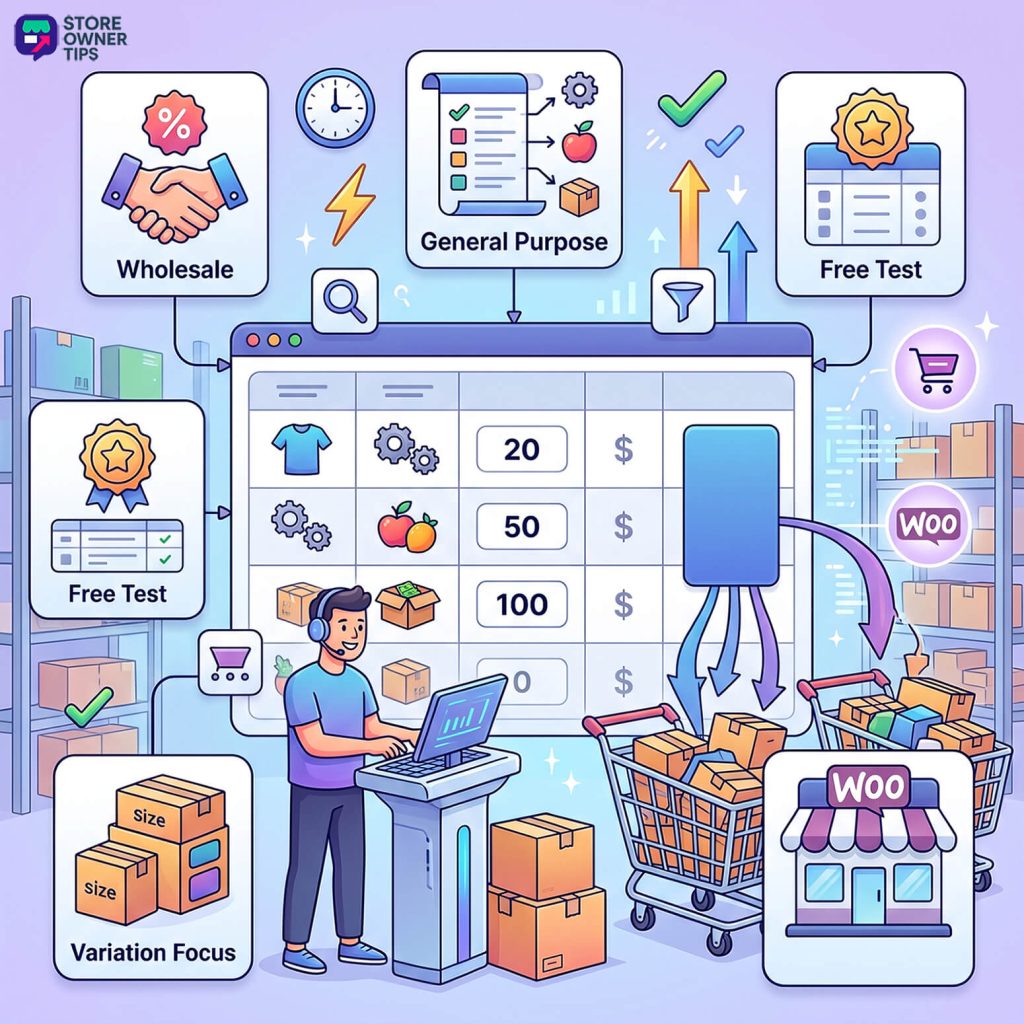 best-woocommerce-product-table-plugins-filler - Store Owner Tips Illustration of a warehouse and an online store dashboard showing orders, pricing, and fulfillment icons connected to a central system.