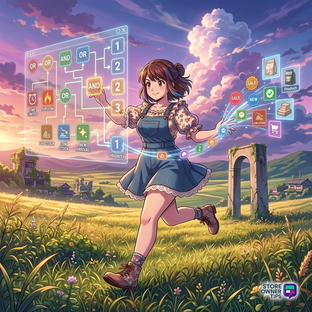 best-woocommerce-sale-badge-plugins-filler-1 - Store Owner Tips Woman in a meadow gestures at an AND/OR flowchart of badge conditions feeding priority numbers, with SALE, NEW and LOW STOCK labels landing on product cards.