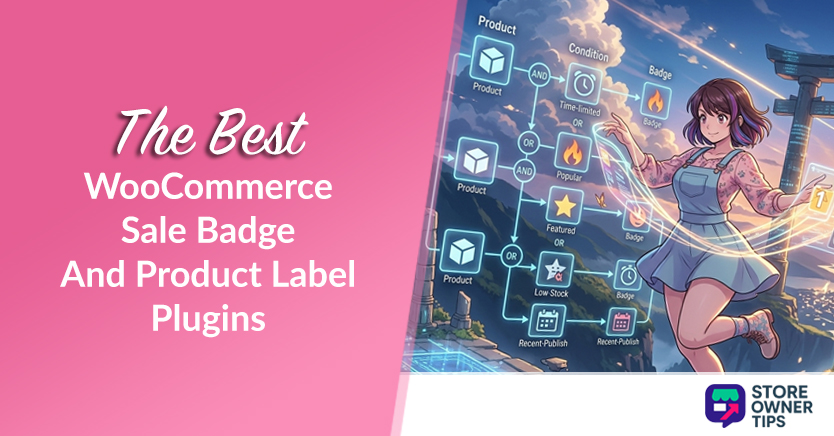 Promotional banner for The Best WooCommerce Sale Badge and Product Label Plugins; pink gradient left, illustrated character with badge diagrams on the right; Store Owner Tips logo.