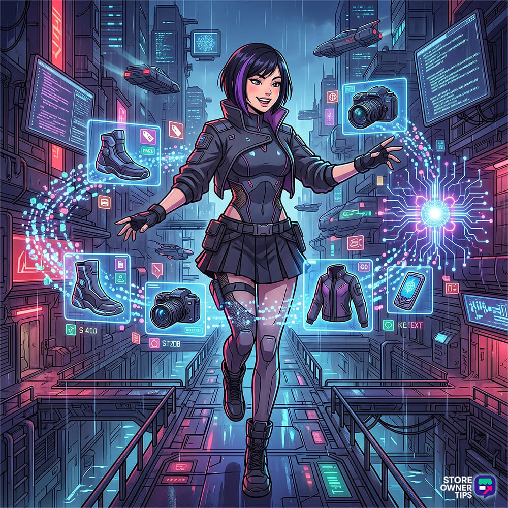 openai-product-feed-chatgpt-shopping-filler-01 - Store Owner Tips Cyberpunk shop owner floats in a neon city, with holographic product icons for shoes, jacket, and camera around her.