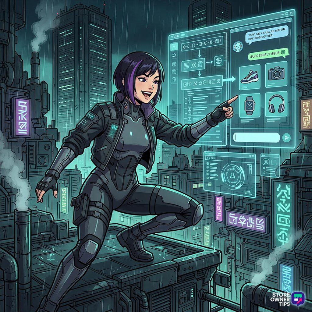 openai-product-feed-chatgpt-shopping-filler-02 - Store Owner Tips Female cyberpunk tech expert crouches on a rooftop, pointing at glowing holographic screens in a neon cityscape.
