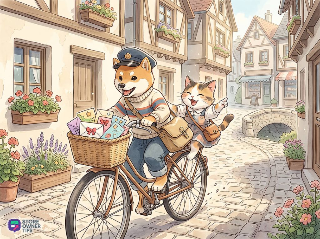 Dog in a sailor-cap rides a bicycle with a basket of letters; a cat passenger wears a dress and points ahead in a quaint town street.