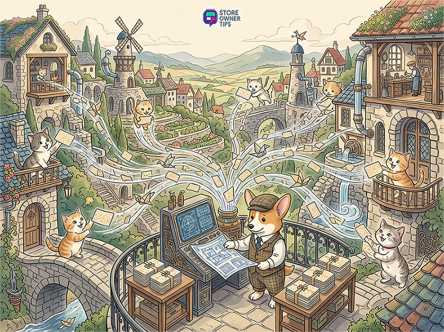 Whimsical cartoon of a dog in a suit operating a central console at a balcony, while numerous cats on houses and bridges sling envelopes toward the machine, representing a bustling message network; Store Owner Tips banner at top.