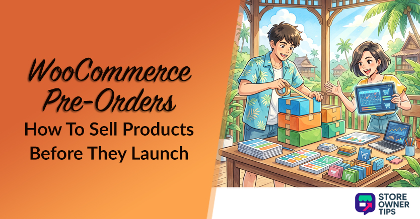 Cover for a guide: 'WooCommerce Pre-Orders – How To Sell Products Before They Launch' with two people stacking boxes at a market.