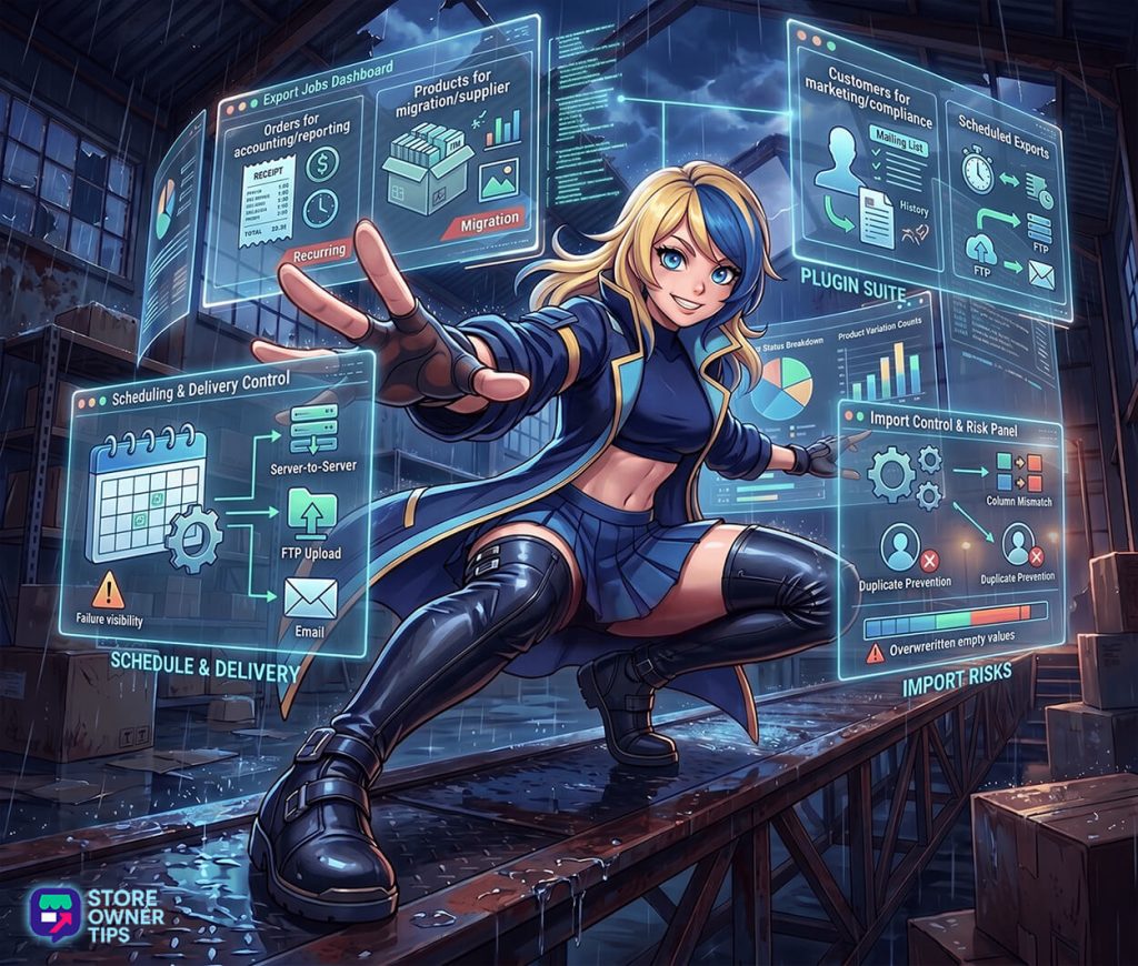 Female operator in a blue outfit reaches toward floating holographic dashboards with charts and icons in a warehouse setting.