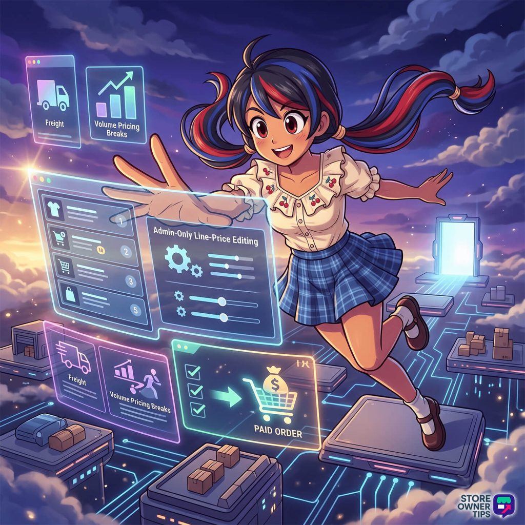 Cartoon girl flies through a neon control room, reaching toward holographic dashboards for orders, pricing, and freight.