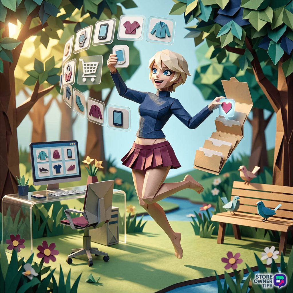 Stylized woman outdoors surrounded by floating shopping icons and product cards, illustrating online shopping and store management.