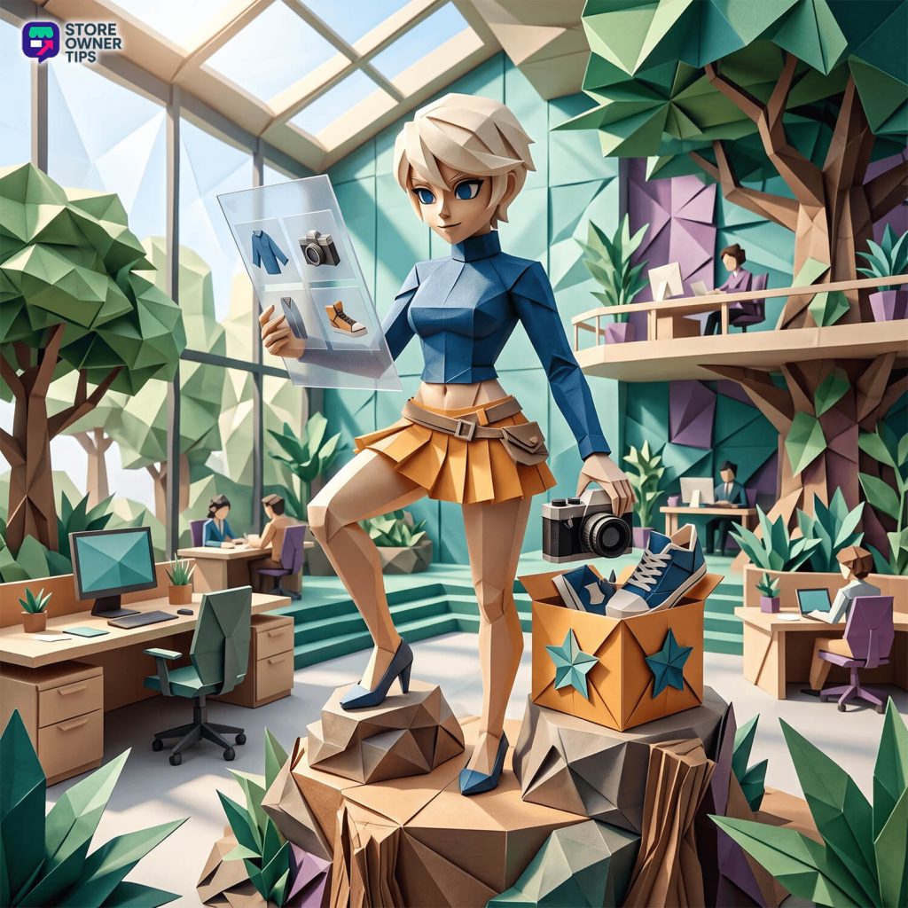 Stylized businesswoman on a rock presents a transparent product catalog (clothes and camera) in a bright, geometric showroom with plants and coworkers in the background.
