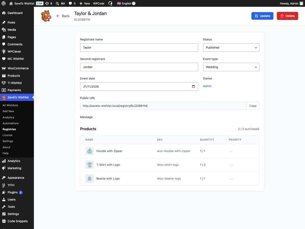 save-to-wishlist-registry-admin-details - Store Owner Tips Admin detail view for a wedding registry showing registrant names, event date, status, public URL and a product table with SKU, quantity and a three of three purchased count
