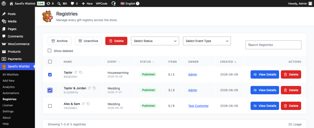 save-to-wishlist-registry-admin-registries-delete - Store Owner Tips Admin Registries list with two rows selected, revealing Archive and Unarchive buttons beside Delete, and an items column showing purchased counts
