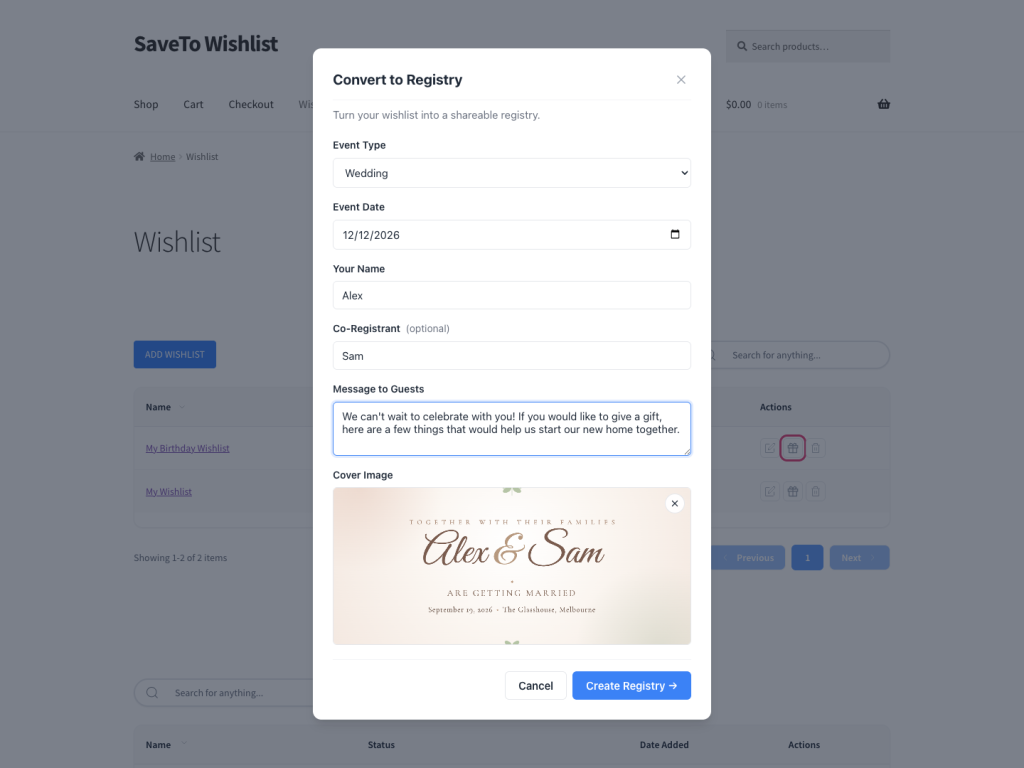 save-to-wishlist-registry-convert-cover - Store Owner Tips Modal titled'Convert to Registry' with form to turn a wishlist into a registry, prompting event type, date, names, message, and cover image.