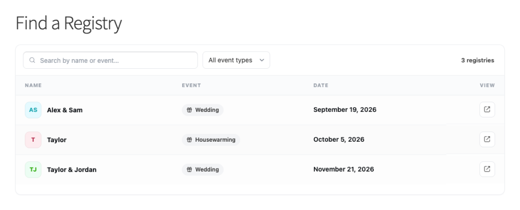 save-to-wishlist-registry-find-a-registry-page-smol - Store Owner Tips Find a Registry page showing a searchable list of registries with names, event type, and dates.