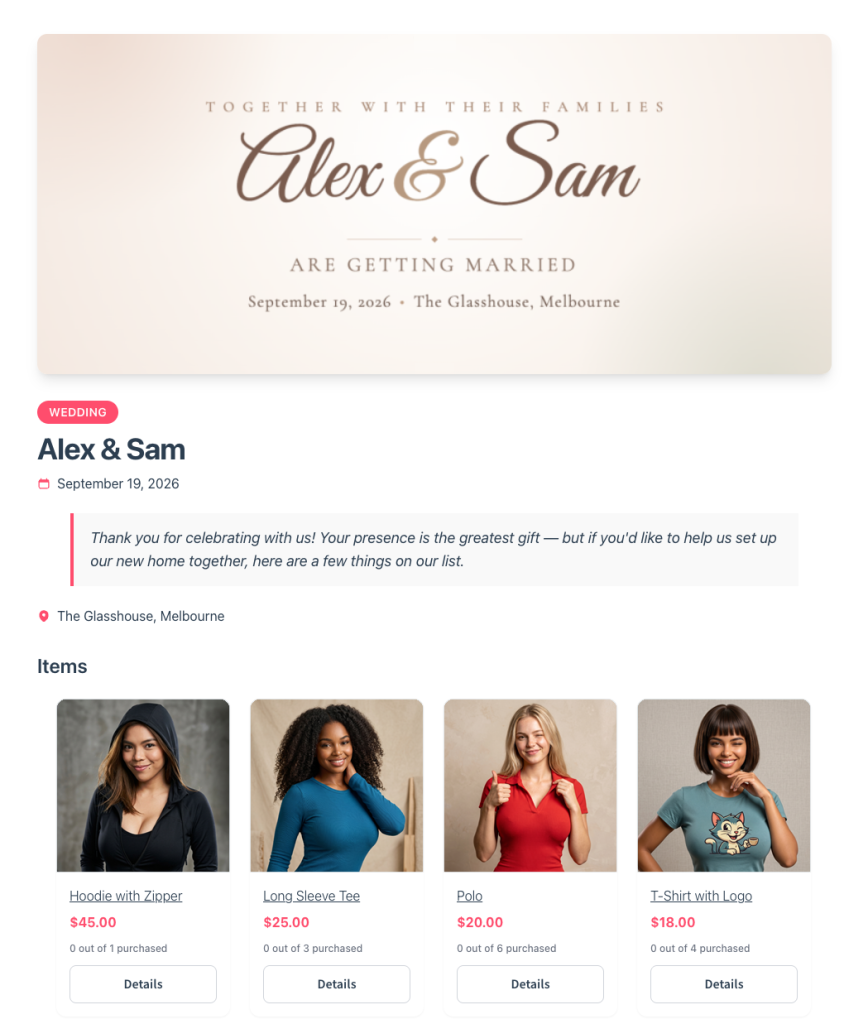save-to-wishlist-registry-landing-page-new-product-thumbnails - Store Owner Tips Wedding announcement banner: Alex & Sam are getting married, with date and venue details (Sept 19, 2026 • The Glasshouse, Melbourne)