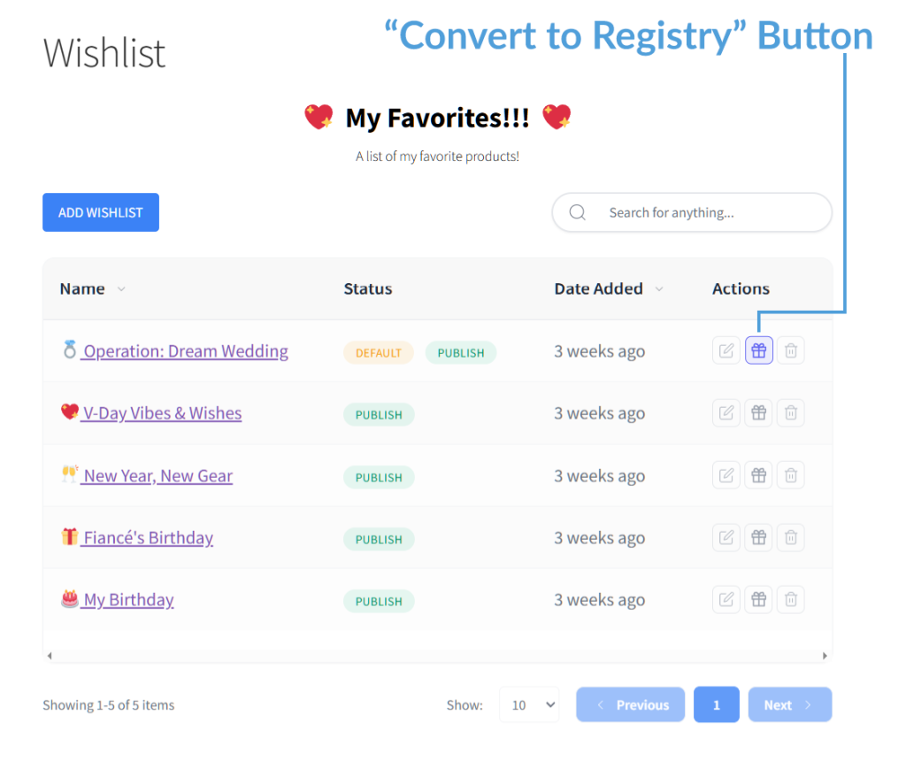 woocommerce-gift-registry-convert-to-registry-button - Store Owner Tips Wishlist page titled'My Favorites' with a search bar and a table of five items, each with status badges and action icons.
