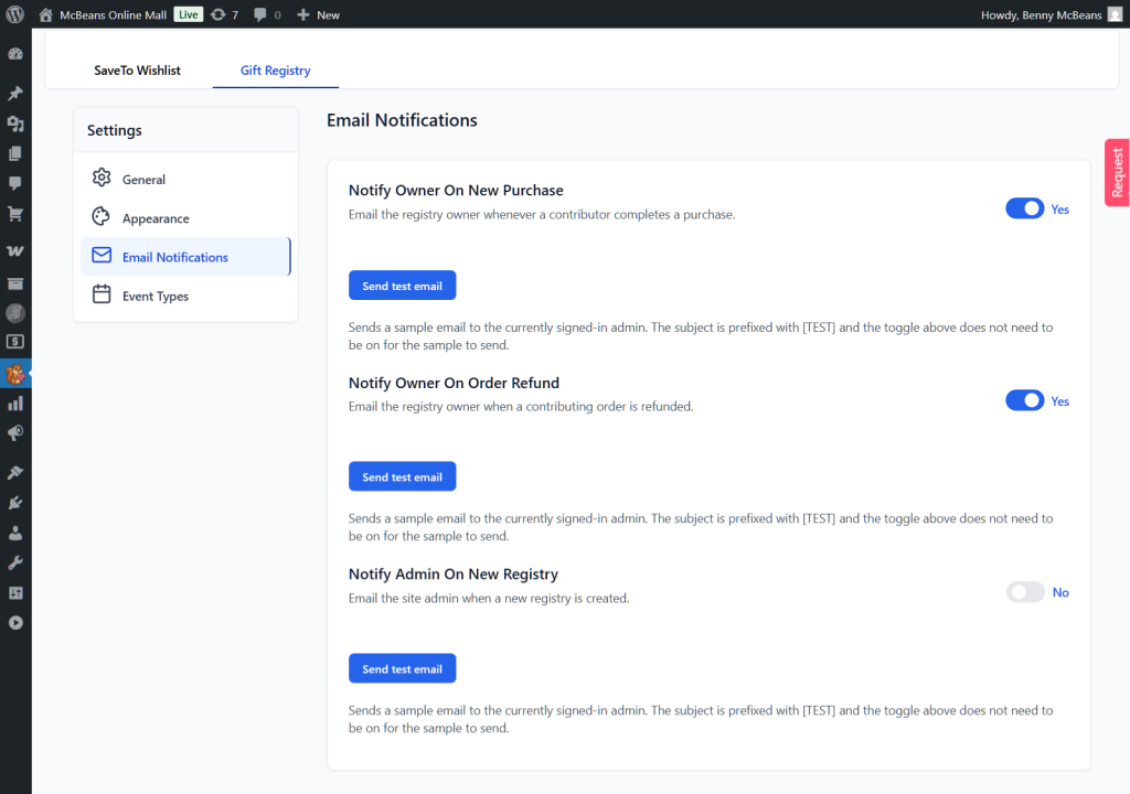 woocommerce-gift-registry-email-notifications-settings - Store Owner Tips Gift Registry Email Notifications settings with separate toggles for new purchase, order refund and new registry, each with a Send test email button