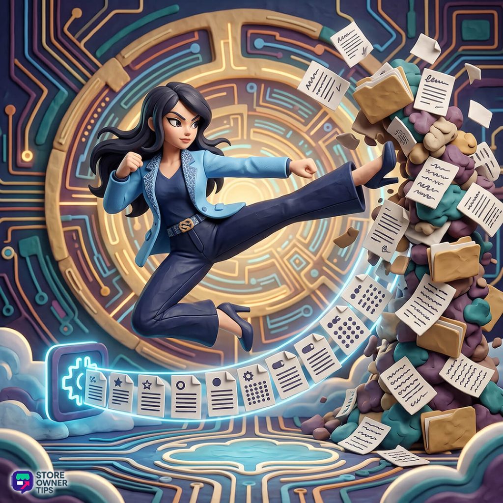 woocommerce-invoices-filler-01 - Store Owner Tips Clay-style figure of a businesswoman in a blue blazer mid-kick, knocking over a tall pile of paper invoices and folders while a glowing automation icon sends a neat row of documents along a track (Store Owner Tips logo bottom left).