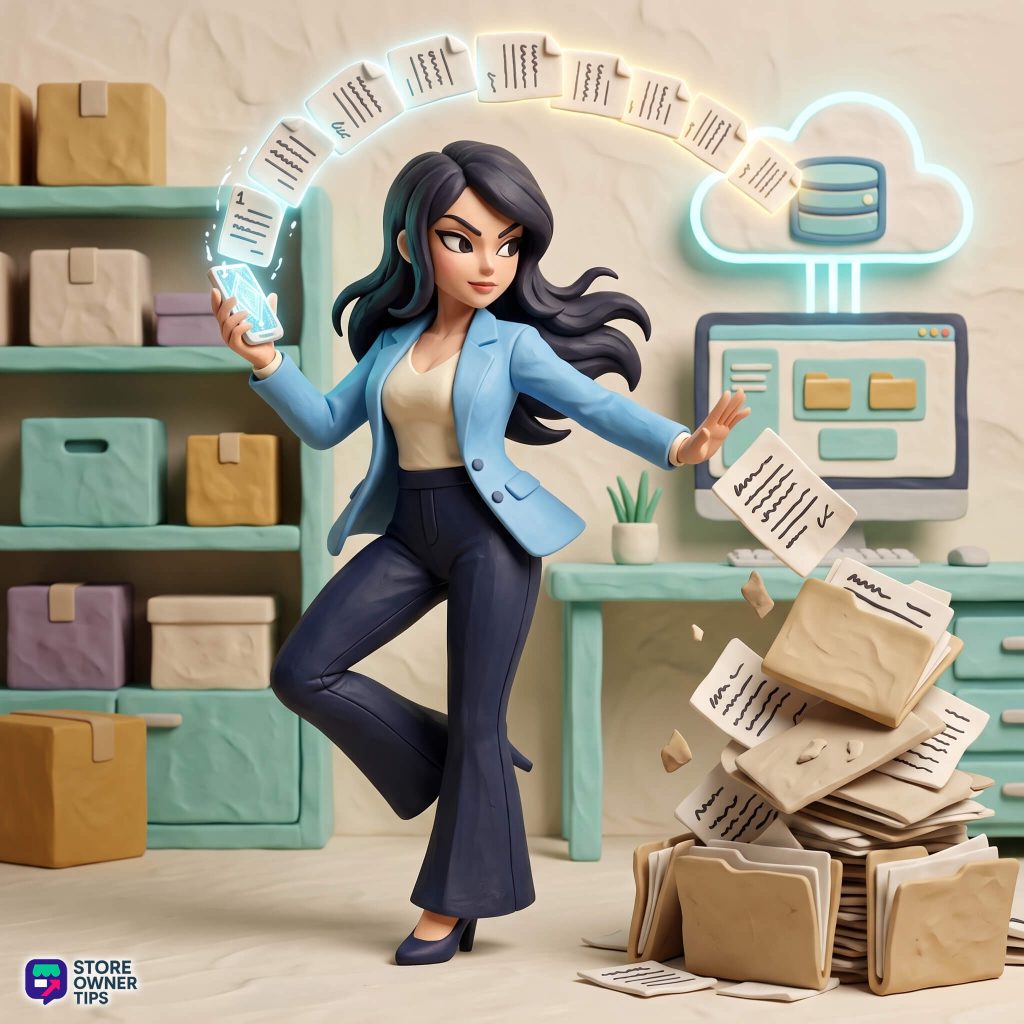 woocommerce-invoices-filler-02 - Store Owner Tips Figure of a businesswoman in a blue blazer tossing scattered papers in a cluttered store workspace, with shelves and a computer in the background (Store Owner Tips logo bottom left).
