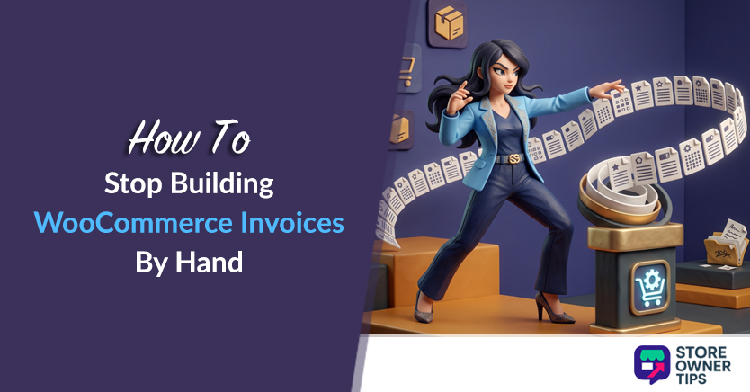 Thumbnail: purple panel with title about stopping manual WooCommerce invoices; right side shows a businesswoman directing a stream of invoices toward a machine, Store Owner Tips logo.