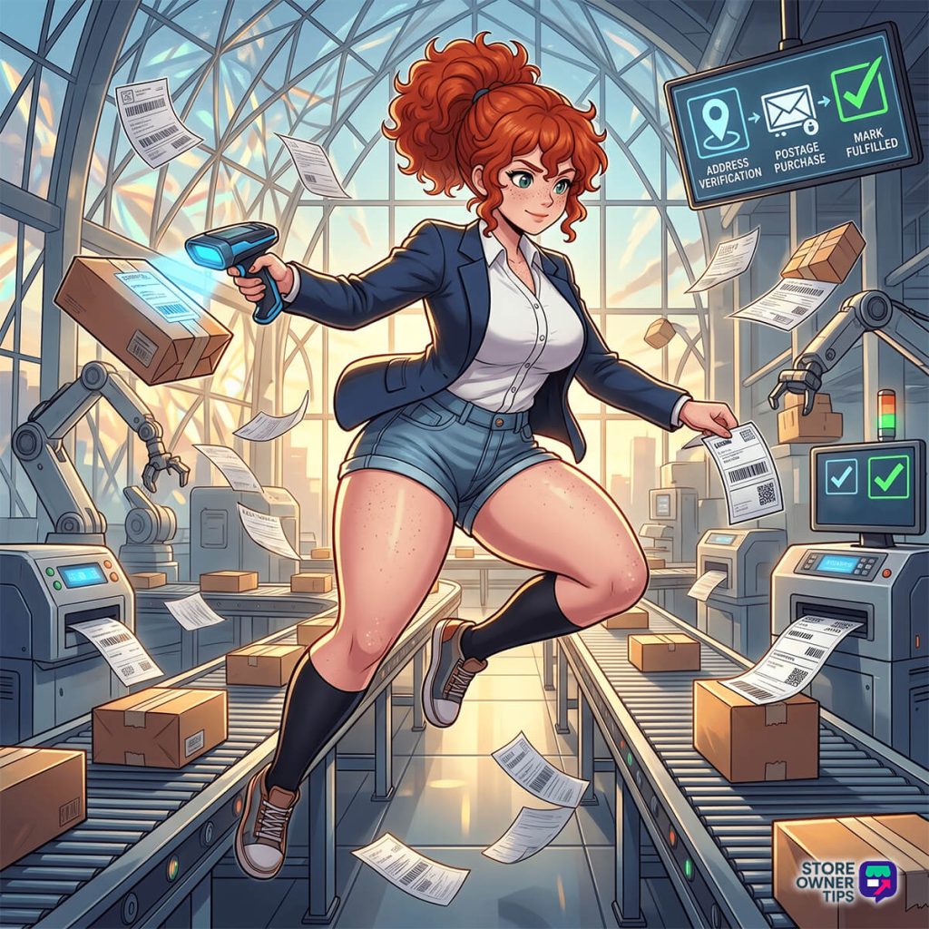 woocommerce-shipping-labels-fulfilment-filler - Store Owner Tips Red-haired woman in a blazer scans a package with a handheld scanner on a conveyor belt in a high-tech warehouse with robotic arms and flying papers.