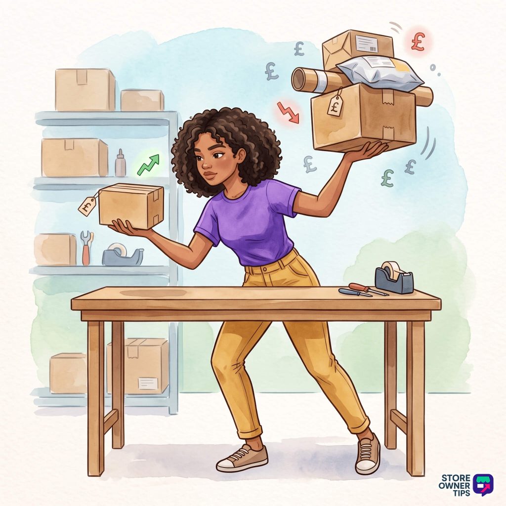 Woman in a purple shirt carries a stack of cardboard boxes through a warehouse, the kind of multi-parcel order WooCommerce shipping rates need to cover.