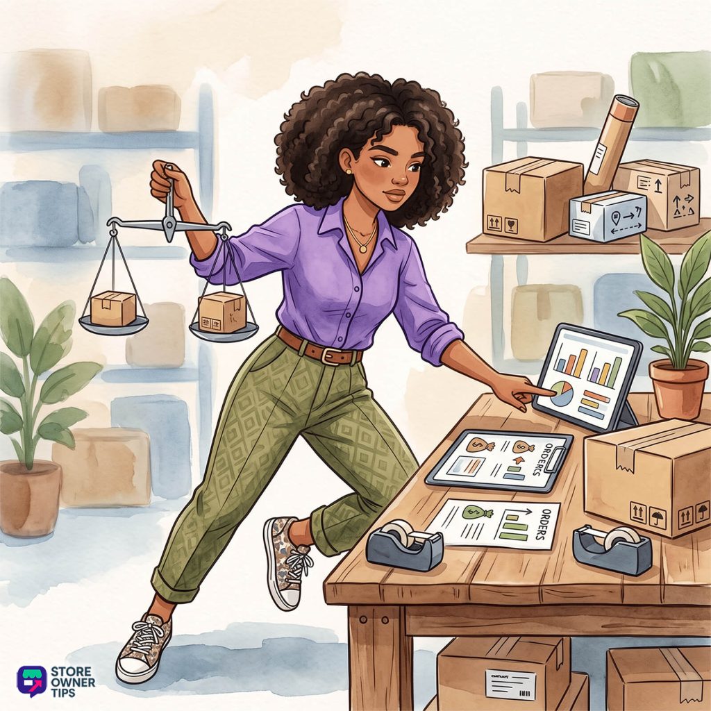 Woman in a purple shirt weighs packages on a scale to work out WooCommerce shipping rates, checking orders on a tablet in a warehouse.