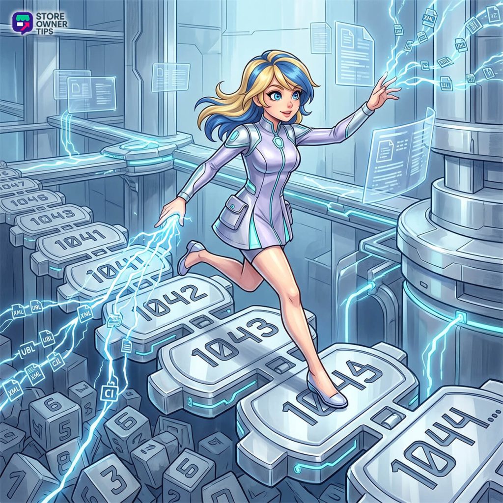 best-woocommerce-invoice-plugins-filler - Store Owner Tips Futuristic scene of a woman in a sleek suit stepping across glowing numbered blocks in a high-tech data lab.