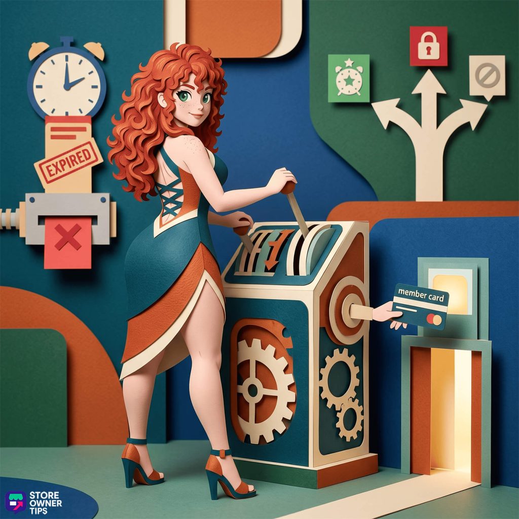 Paper-cut illustration of a woman working a membership access machine that rejects an expired pass and admits a valid member card, with a signpost pointing to three possible outcomes