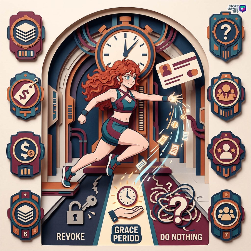 Paper-cut illustration of a woman running through a clock-topped gateway toward three lanes labeled Revoke, Grace Period and Do Nothing, surrounded by membership tier badges