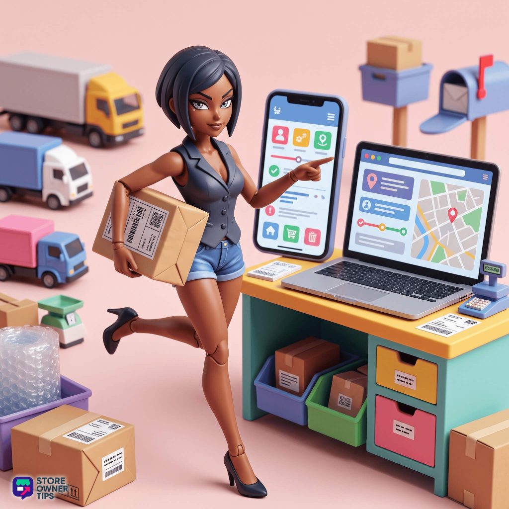 best-woocommerce-order-tracking-plugins-filler-1 - Store Owner Tips Toy store scene with a female action-figure in a blazer carrying a cardboard package beside laptops displaying map and app icons.