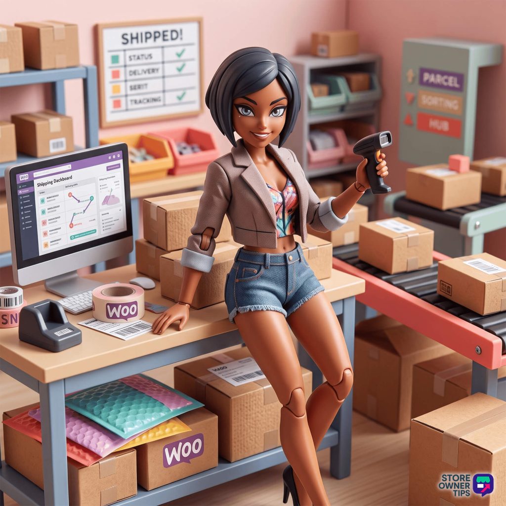 best-woocommerce-order-tracking-plugins-filler-2 - Store Owner Tips Animated store owner scanning WooCommerce packages in a shipping hub next to a tracking dashboard.
