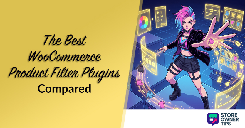 Blog thumbnail: yellow left panel with the title 'The Best WooCommerce Product Filter Plugins 7 Compared' and a neon cyberpunk character with holographic UI on the right; Store Owner Tips logo in corner.