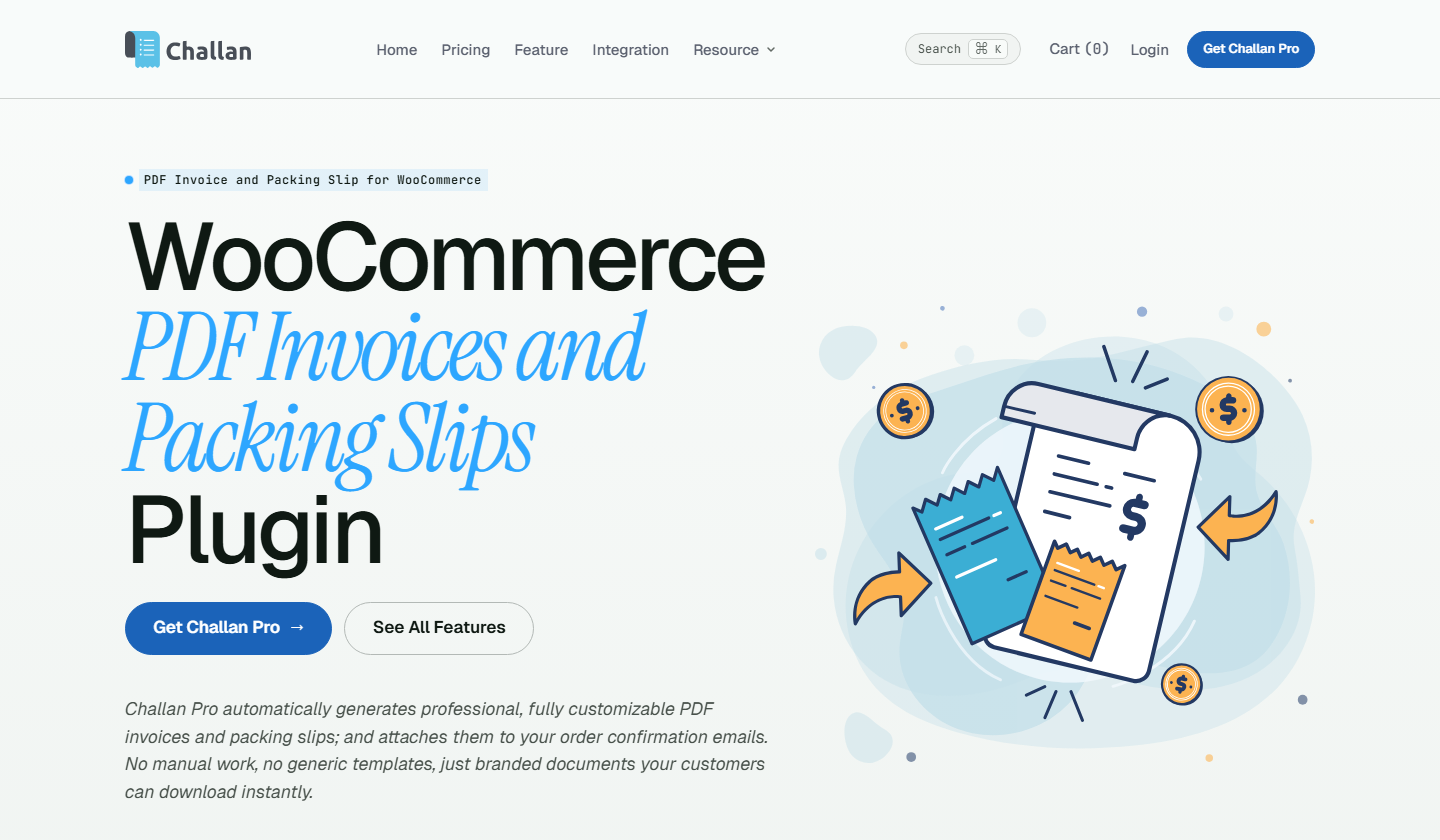Challan WooCommerce PDF Invoices and Packing Slips plugin page hero - Store Owner Tips Challan plugin page, one of the WooCommerce invoice plugins that also prints shipping labels