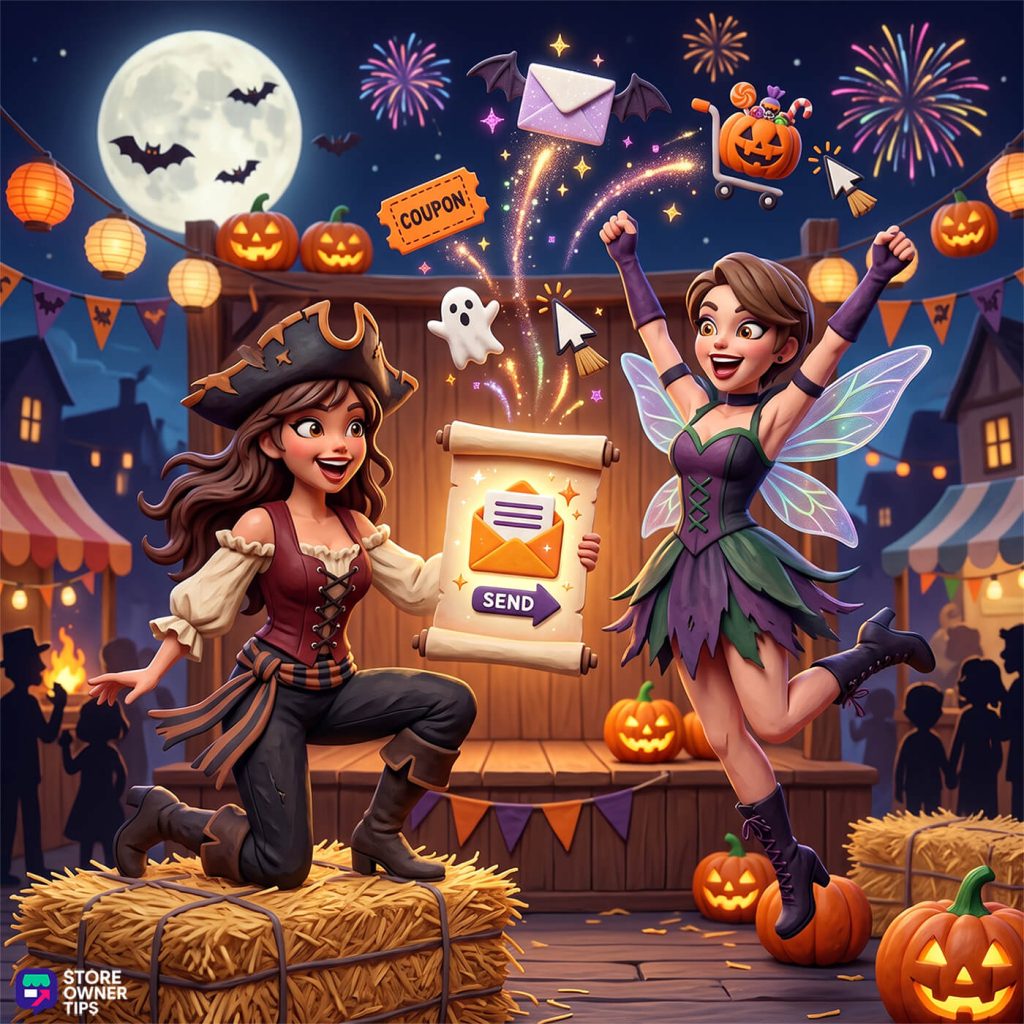 Two women in festive costumes celebrate on a pumpkin-filled stage at night, with glowing mail, ghost, and fireworks above them—Halloween party vibes.