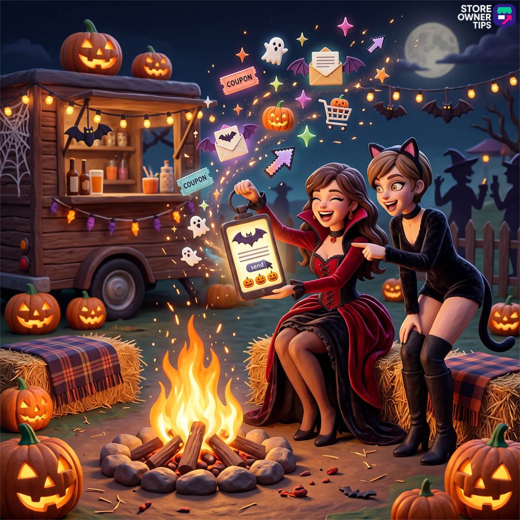 Halloween-themed scene with two women in costumes by a campfire, pumpkins glowing, and magical icons representing Halloween email marketing streaming from a smartphone. In the background is a festive booth with lights and bats.