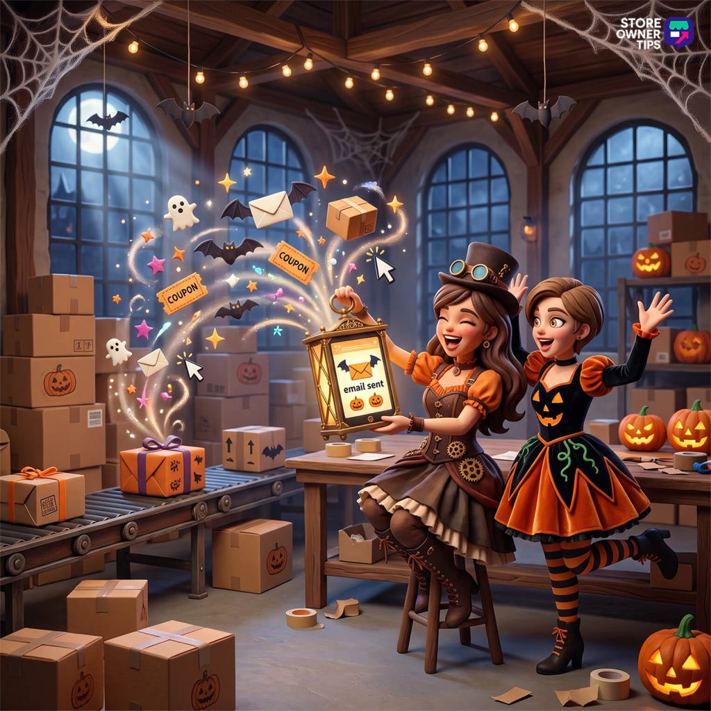 Two girls in Halloween costumes cheerfully pose in a room filled with boxes, pumpkins, and festive decorations as a lantern shows'email sent'.