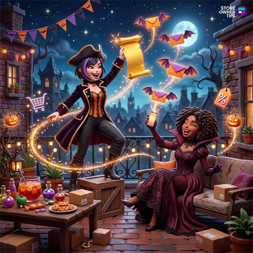 Two women celebrate Halloween email marketing on a moonlit rooftop; one in a pirate outfit conjures a glowing scroll as bat‑winged envelopes fly around.